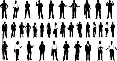  Silhouette vector illustration of diverse people in standing poses, gestures, holding objects, expressive stances, modern lifestyle design concept