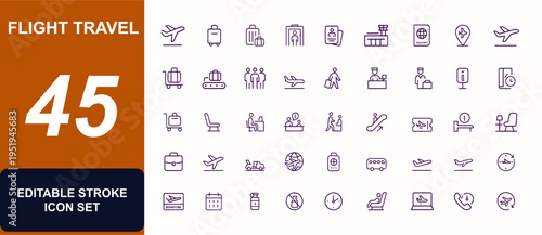 Flight Travel Icon Set, Airport Boarding Symbols, Passport, Luggage, Terminal UI Elements, Security Checks, Departure Arrival Signs, Vector for Travel App, Website, Aviation Interface