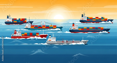 Container Ships Navigating the Ocean at Sunset.