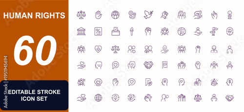 Justice, Ethics, Equality, and Human Rights Icon Set Vector, Adjustable Line Weight, Peace, Law, Freedom, Democracy, Solidarity, Empowerment, Sustainability, Voting, Social Responsibility