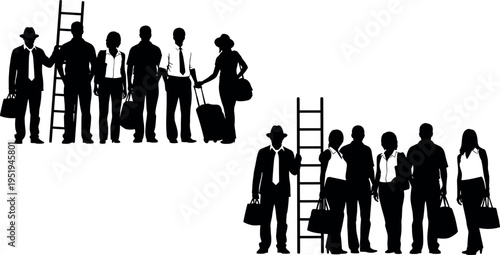 Vector illustration of business people silhouettes with ladders, career growth symbolism, corporate hierarchy themes, ambition progress, workplace success icons
