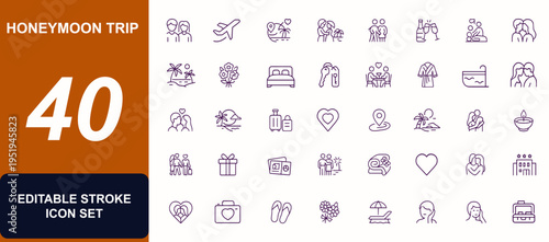 Honeymoon Trip Vector Icon Set, Romantic Travel Illustration, Couple Love Beach Spa Dinner Champagne Pool Kiss Passion Vacation Celebration Resort Intimacy Journey, romantic honeymoon travel icons