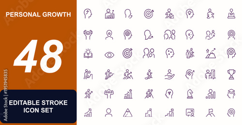 Personal Growth Vector Icon Set, Success, Leadership, Motivation, Mindset, Progress, Development, Achievement, Education, Vision, Goal, Support, Coaching, Career, Inspire, Productivity