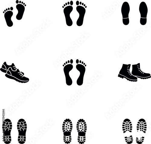 footprints and shoe prints icon set, vector silhouettes of human feet, sneakers and boot soles isolated on transparent background