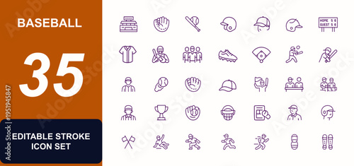 Baseball Vector Icon Set, Bat, Glove, Ball, Helmet, Cap, Stadium, Scoreboard, Pitcher, Catcher, Team, Cleats, Field, Coaching, Championship, Umpire, Victory, Fans, Run, Adjustable Line Weight