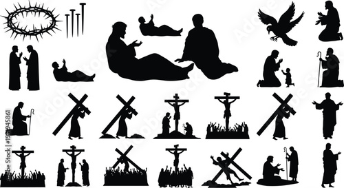 Christian religious silhouettes depicting Jesus crucifixion, crown of thorns, nails, dove, prayer, mourning, worship, Holy Spirit, Passion of Christ illustration