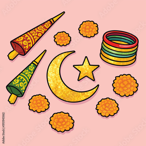 Eid al-Fitr and Ramadan celebration elements vector set with henna cones and bangles