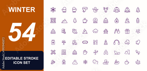 Winter vector icon set, snowflake, snowman, sled, mittens, scarf, reindeer, sweater, coat, fireplace, holiday tree, hot drink, mountains, pine, cozy lodge, adjustable line weight icons