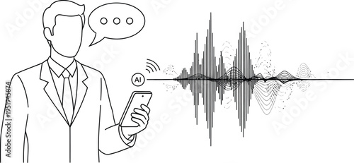 Businessman uses smartphone while artificial intelligence processes his spoken words into a complex digital sound wave.