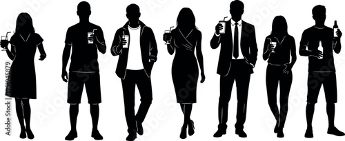  Silhouette vector illustration of diverse people holding drinks, casual and formal attire, social gathering, lifestyle, fashion diversity design