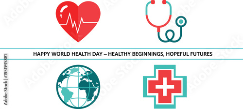 Set of medical symbols including a heart with EKG line, stethoscope, globe, and cross indicating global health.