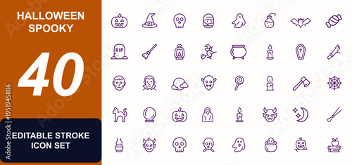 Halloween Spooky Icon Set, Vector Illustration with Adjustable Line Weight, Pumpkin, Ghost, Witch Hat, Skull, Bat, Spider, Candy, Potion, Tombstone, Lantern, Broomstick, Creepy Night Clipart
