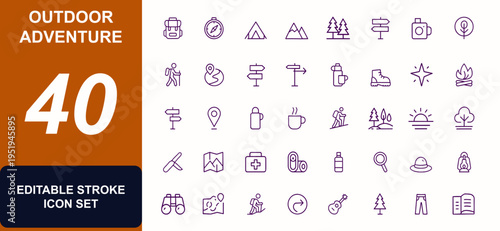 Hiking Trail and Outdoor Adventure Icon Set, Vector Illustration with Adjustable Line Weight, Backpack, Compass, Tent, Mountain, Forest, Map, Campfire, Camping, Trekking, Travel, Exploration