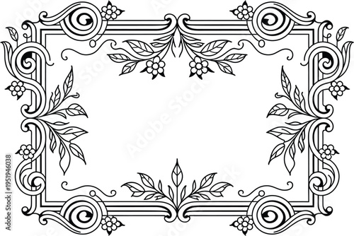 Baroque decorative frame illustration, elaborate rectangular border with floral and swirling ornaments isolated on white background for classic design.