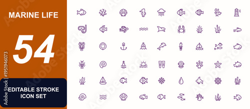 Marine Life Vector Icon Set, Ocean Creatures Icons with Adjustable Line Weight, Fish, Coral, Seahorse, Starfish, Jellyfish, Anchor, Lighthouse, Snorkeling, Diving, Reef, Wildlife, Beach, Ecology
