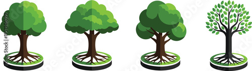 Four isometric illustrations depict various styles of vibrant green trees rooted firmly in circular green bases.