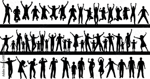  Silhouette vector illustration of diverse people, jumping, dancing, standing, raising arms, expressive poses, human interaction, dynamic movement icons