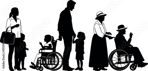 Silhouette icons of diverse people, inclusivity, children, elderly, wheelchair users, caregiving, intergenerational relationships, community unity vector illustration design