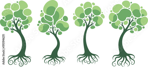 Four stylized green trees with unique, bubble-shaped canopies showcase intricate root systems on a plain background.