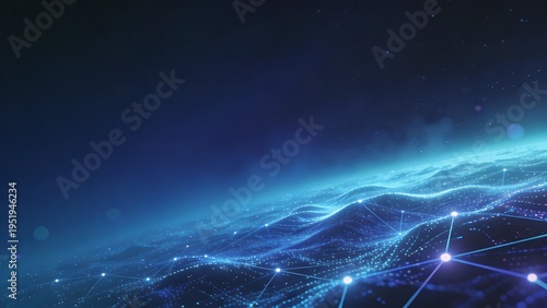 Abstract digital network grid with glowing nodes and connections on a dark blue background