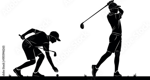  Golf silhouette illustration showing player preparing ball on tee and swinging club, sports vector artwork, athletic outdoor design for creative background