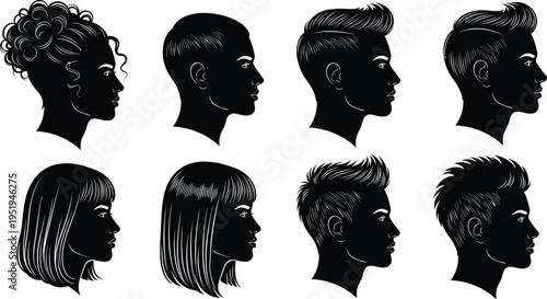Silhouettes of diverse hairstyles in side profile, modern haircut variations, creative vector artwork, fashion design illustration, stylish hair graphics composition