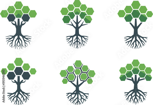 Six stylized vector icons featuring hexagonal honeycomb trees with visible root systems on a white background.