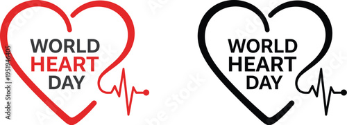 World Heart Day graphic featuring bright red and simple black heart outlines with electrocardiogram lines representing.