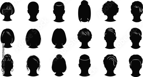 Silhouettes of diverse hairstyles on human heads, vector illustration showing hair length, texture, styling variations for fashion, beauty, and design use