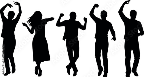Silhouettes of people dancing energetically, showing joy, celebration, expressive poses, unity, and lively movement