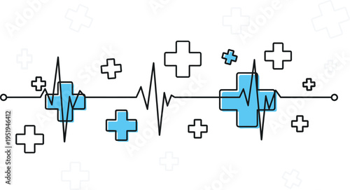 Simple line graphic displays a fluctuating electrocardiogram pulse over bright blue and white medical cross symbols.