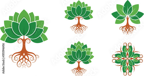 Collection of five distinct green leaf logos resembling stylized trees or lotus blossoms with visible brown root.