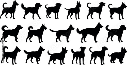 Silhouette icons of dogs, diverse breeds, side profiles, tail shapes, ear variations, canine posture, pet animal vector illustration design