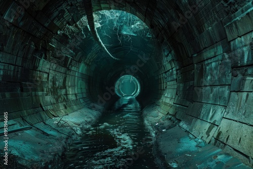 Water flows through a dark, round, brick underground tunnel or sewer