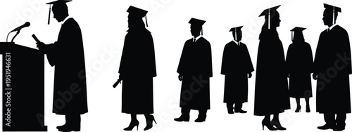 Graduation ceremony silhouettes, students in gowns, caps and podium, academic achievement, diploma celebration, education success, university milestone vector illustration