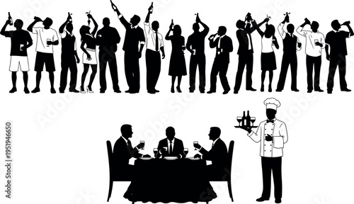  Silhouettes of people drinking and dining, showing social gatherings, casual and formal settings, hospitality, celebration, lifestyle, community interaction