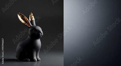 Elegant black matte ceramic Easter bunny figurine with luxurious golden accents on its ears, minimalist dark background with copy space