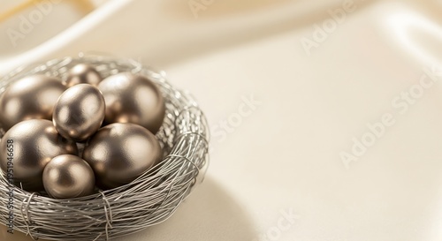 Elegant metallic bronze Easter eggs inside a decorative wire nest on a soft beige background with copy space