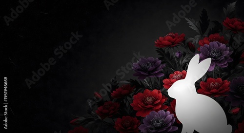 Elegant white Easter bunny silhouette surrounded by deep red and purple spring flowers on a dark dramatic background with copy space