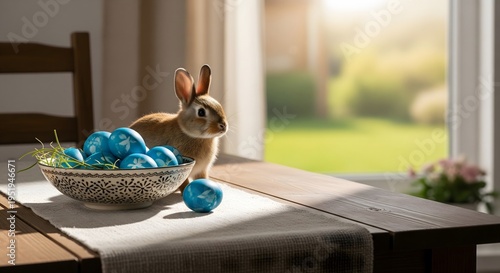 Cute brown bunny sitting next to a ceramic bowl with blue painted Easter eggs on a rustic wooden table, bright morning sunlight and blurred green window background
