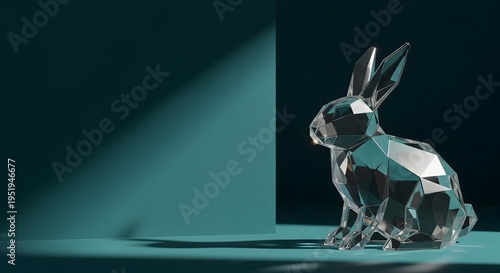 Elegant geometric crystal Easter bunny figurine with faceted design on a dark teal background with dramatic lighting and copy space