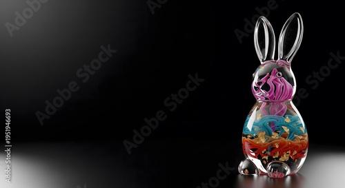 Transparent glass Easter bunny figurine featuring vibrant colorful swirls and gold leaf details inside, elegant holiday decor on a dark background with copy space