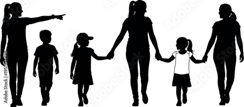 Silhouette icons of family walking together, adults guiding children, unity, community bond, parenting, generational connection vector illustration design