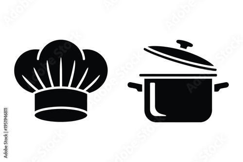 Chef hat and cooking pot silhouette icons with chef s