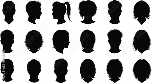 Silhouettes of diverse human head profiles with hairstyles and orientations, creative vector illustration for identity, fashion, and design projects