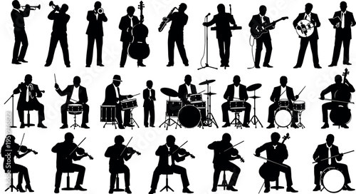  Musician silhouette vector illustration with diverse performers, playing instruments, singing, standing and seated poses, artistic music ensemble artwork
