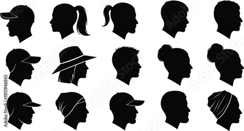 Silhouettes of diverse human head profiles with hairstyles and headwear, creative vector illustration for fashion, identity, and design projects