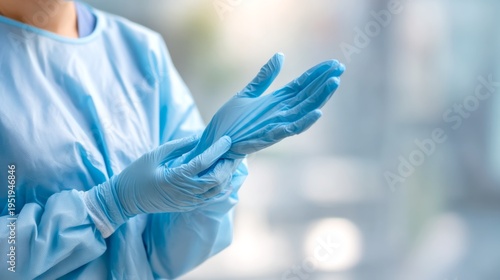 A healthcare professional prepares for work by putting on blue gloves. The essential step reflects hygiene and safety. This image showcases medical readiness in a bright environment. AI