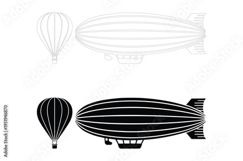 Hot air balloon and blimp vector icons