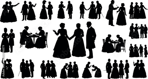 Silhouettes of people in 19th-century attire, dancing, conversing, and socializing, representing Victorian-era fashion and customs